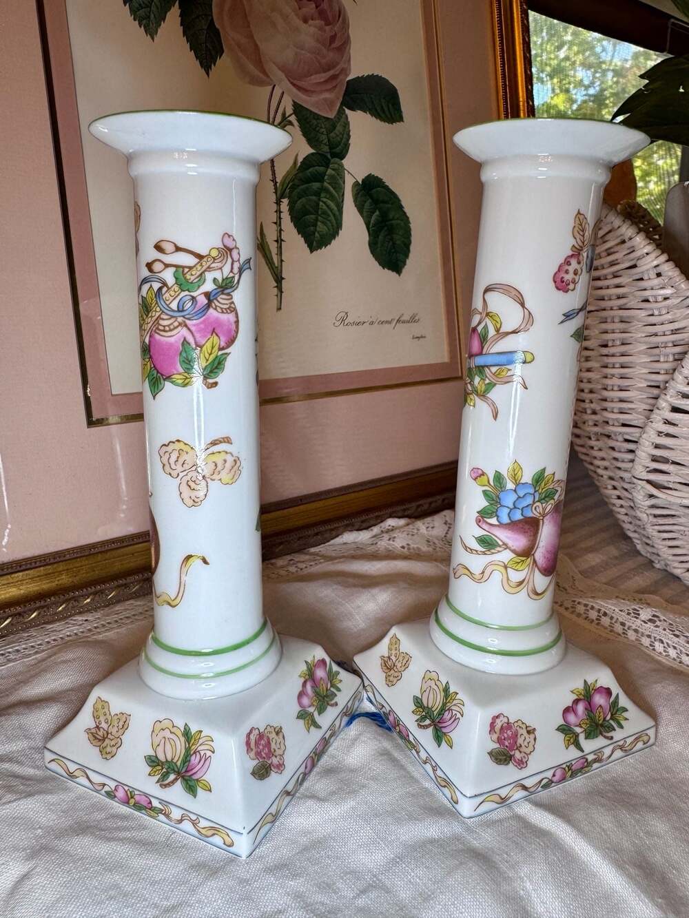 Vintage Pair of Andrea by Sadek Porcelain Candlestick Holders with Floral and Fr